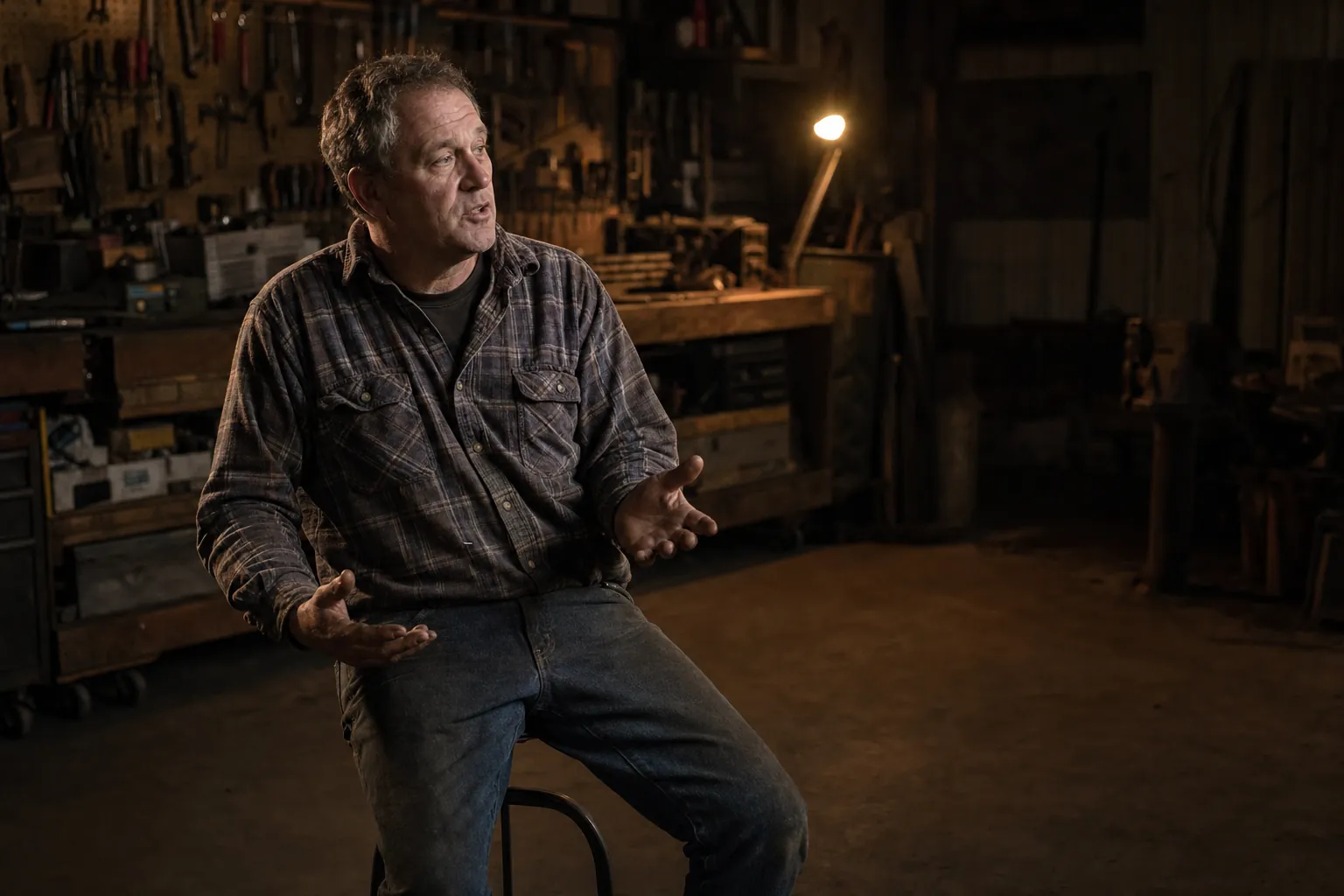 A business owner seated in his workshop during an interview, lit by warm light
