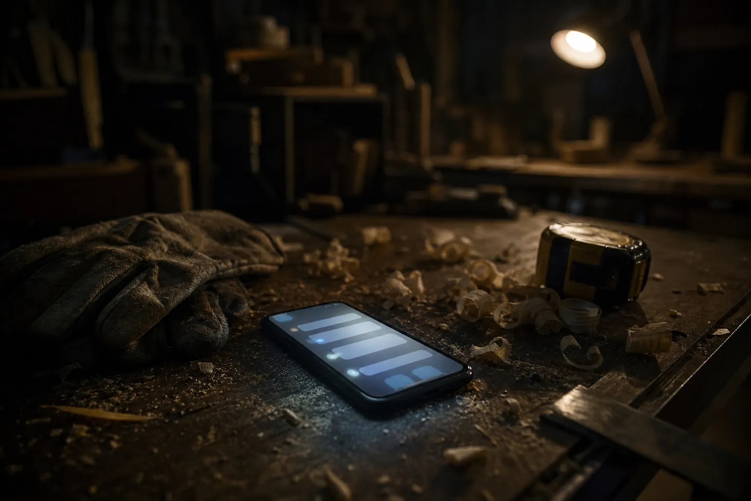 A lit phone on a workbench showing incoming notifications