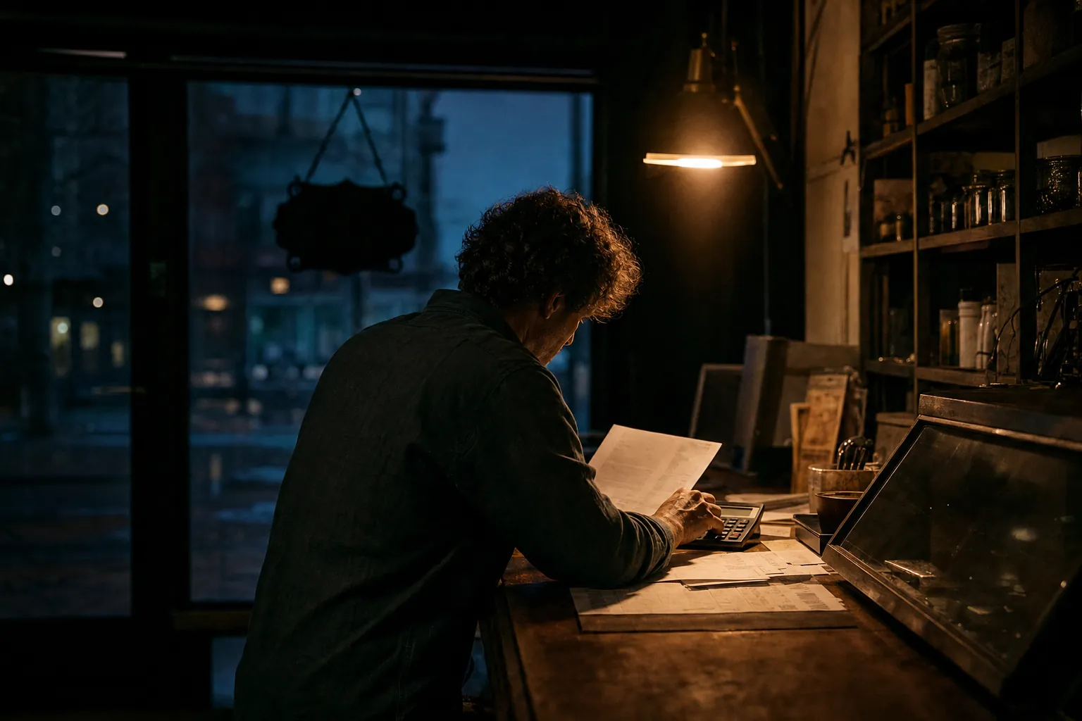 A business owner going over numbers at the counter after closing