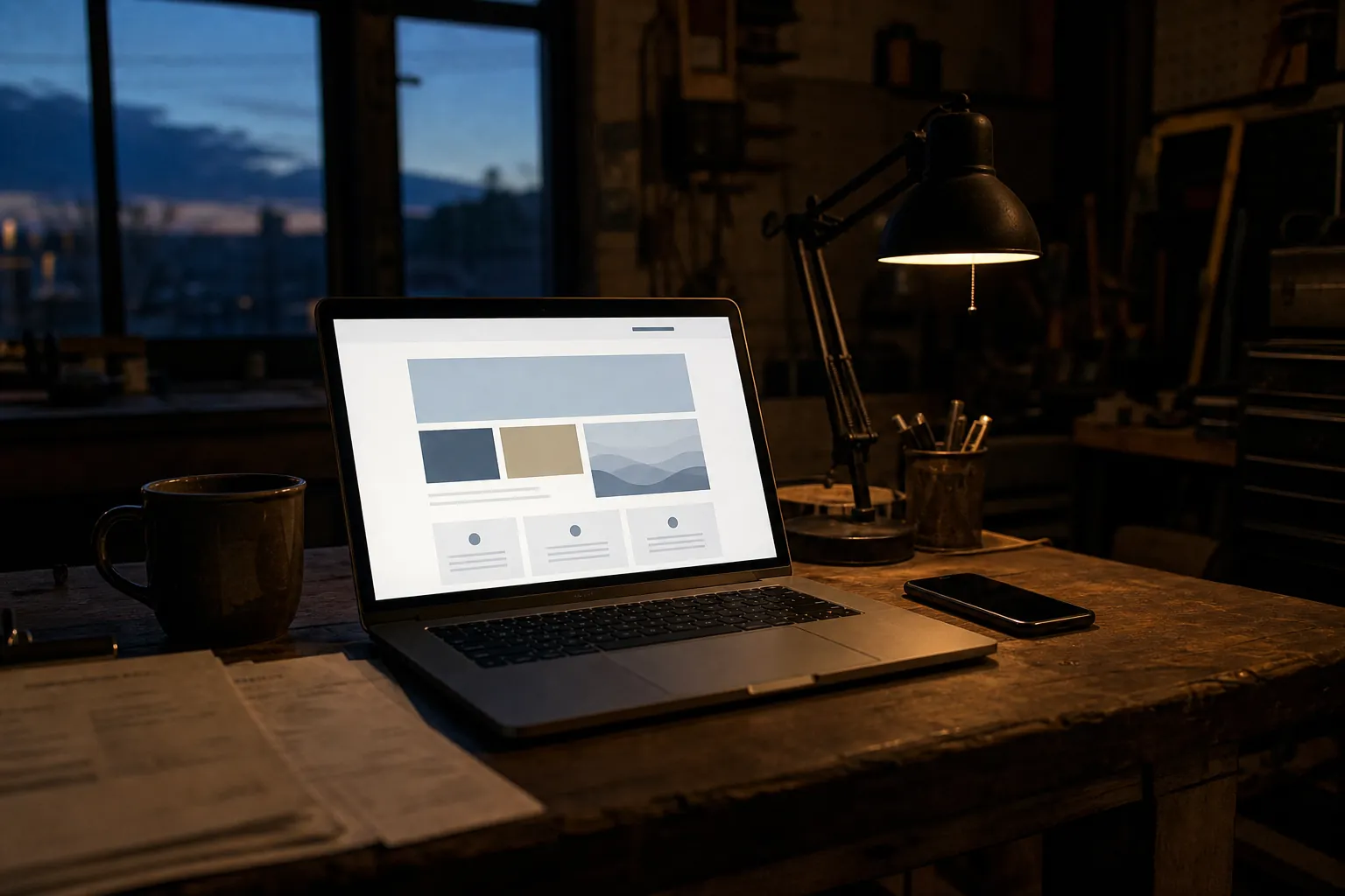 A glowing laptop with a website open in a dark workshop at day's end